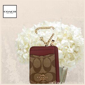 COACH Leather Zip Card Case Signature Khaki Cherry Detachable Chain NWT